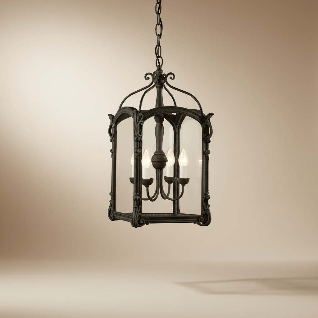 Antique Black Italian Carved Wood Lantern Chandelier with intricate design and warm illumination.