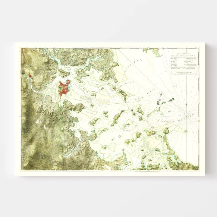 Antique Boston Harbor Map from 1775 showcasing colonial seaport topography in detailed maritime engraving.