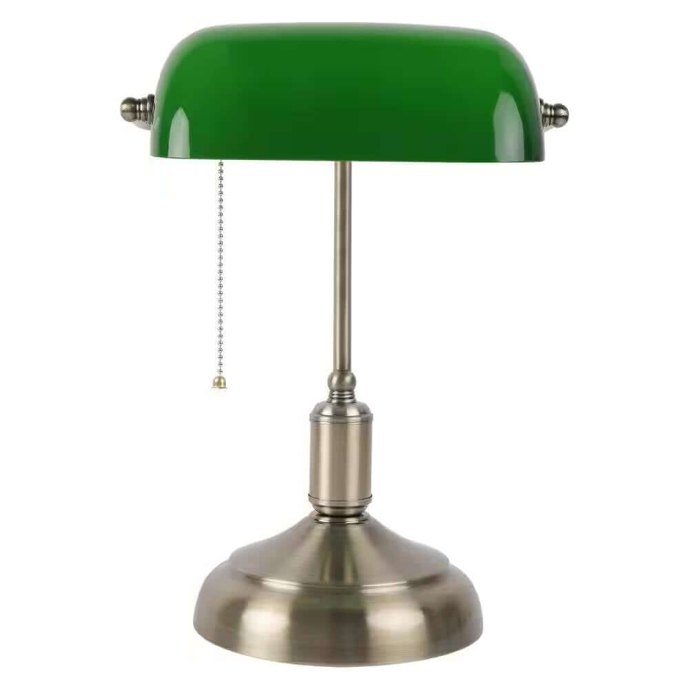 Antique Brass Bankers Lamp with Green Glass Shade featuring a classic design and warm glow, perfect for vintage decor enthusiasts.