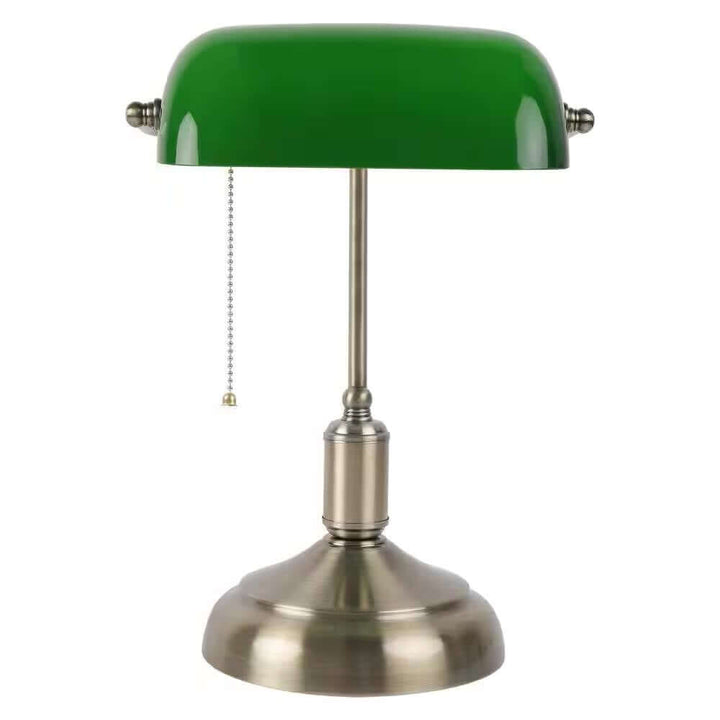 Antique Brass Bankers Lamp with Green Glass Shade featuring a classic design and warm glow, perfect for vintage decor enthusiasts.