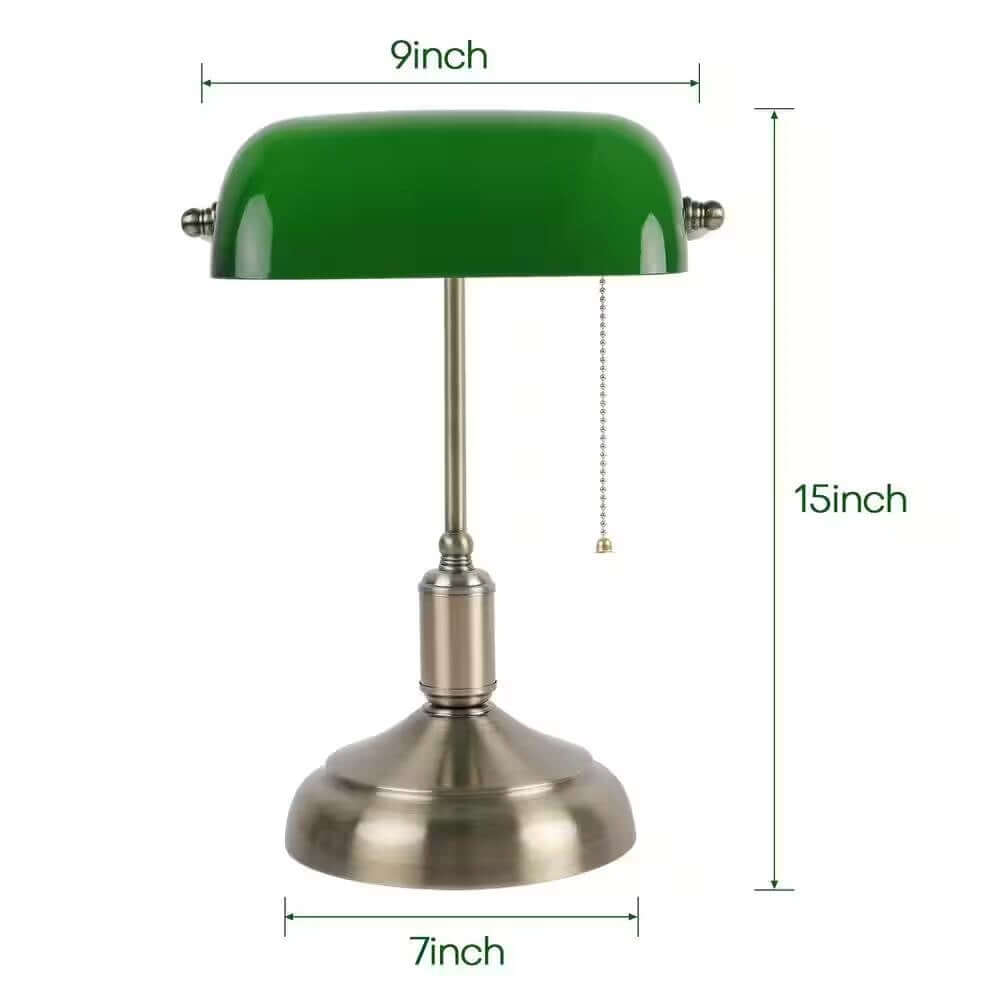 Antique Brass Bankers Lamp with Green Glass Shade, 15 inches tall, 9-inch shade, 7-inch base diameter, classic desk lighting