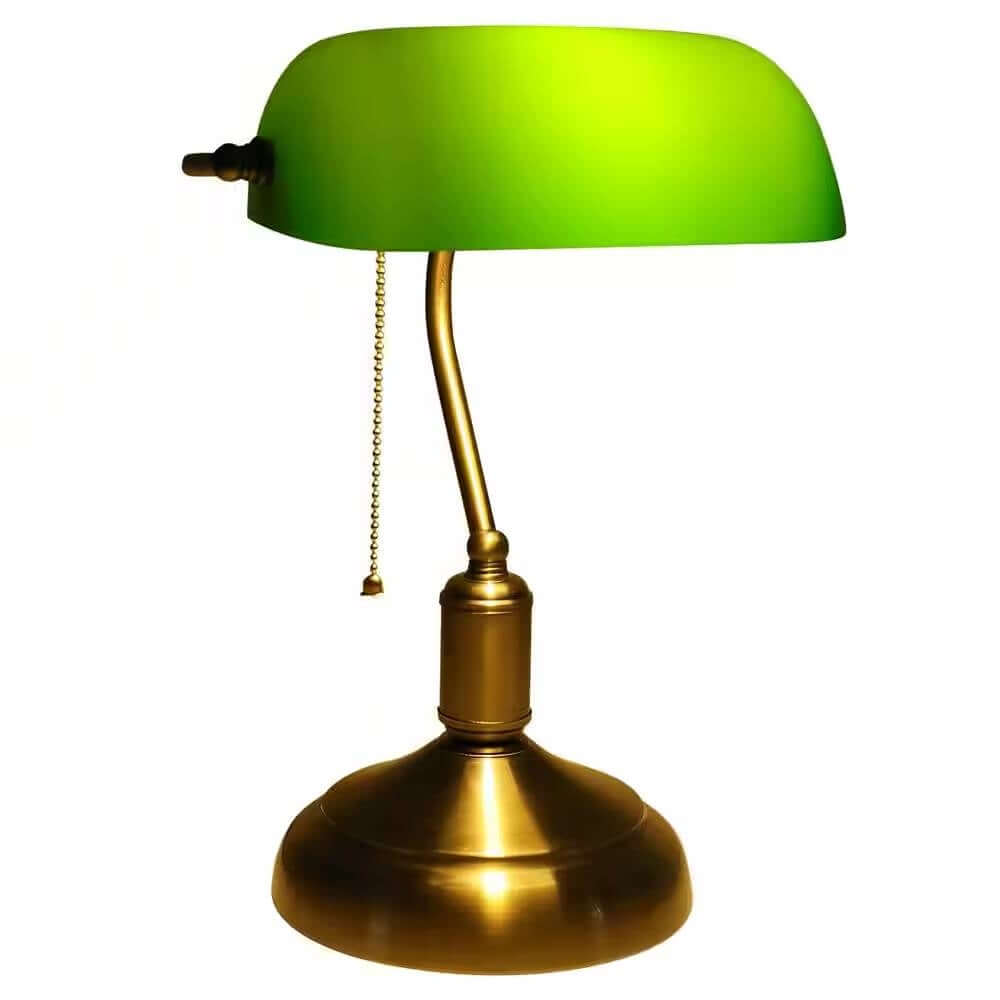 Antique Brass Bankers Lamp with Green Glass Shade on a white background