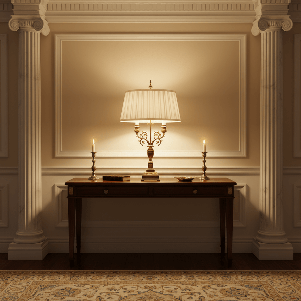 Decorative table with a lamp and candles in an elegant room with columns.