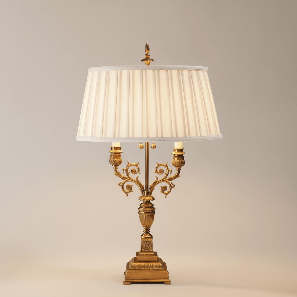 Decorative table lamp with a gold base and white pleated shade on a neutral background