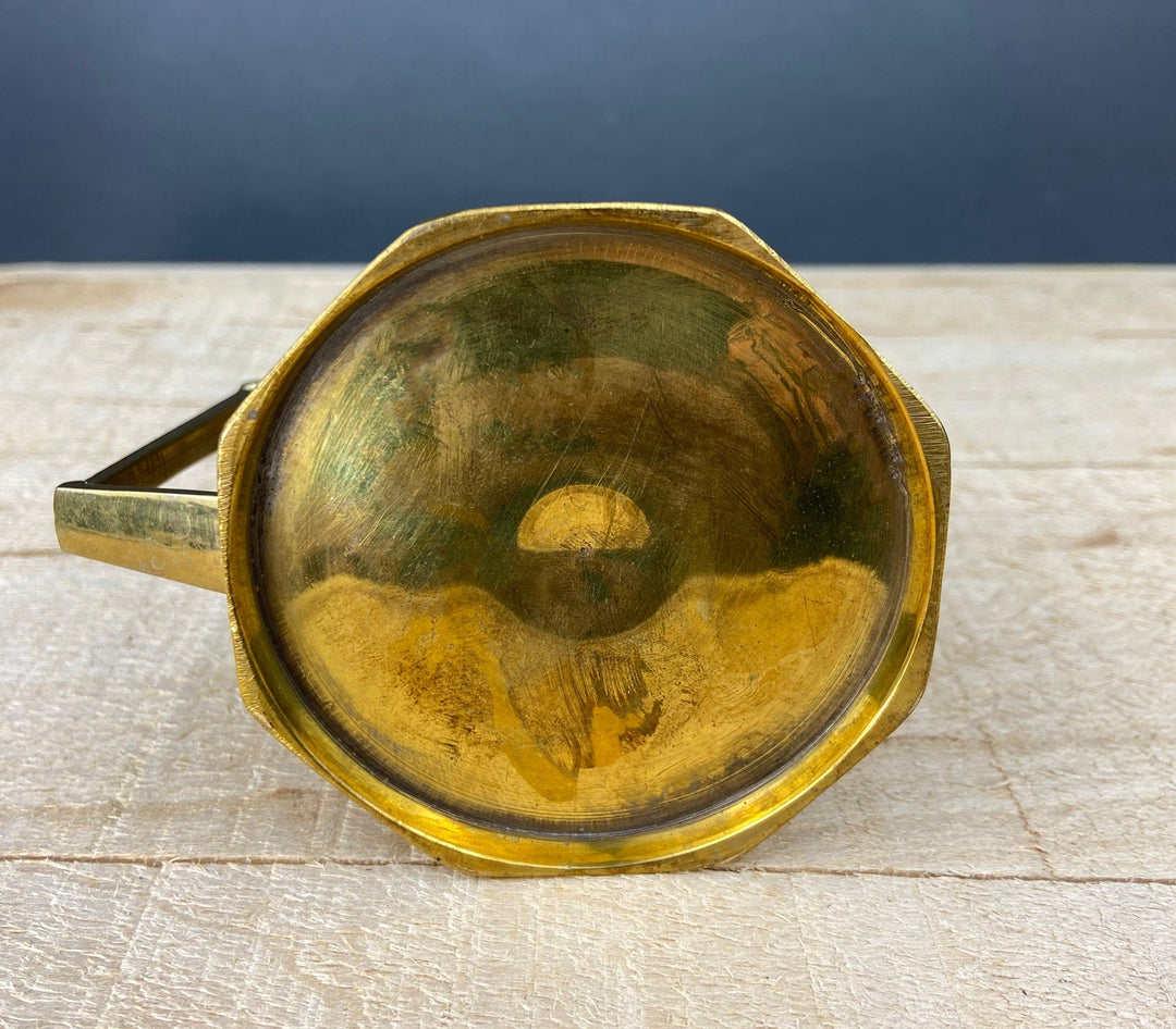 Antique Brass Creamer and Sugar Dish. Heavy Brass Containers with Handles. Kitchen Accessories. Bottom view of brass piece.