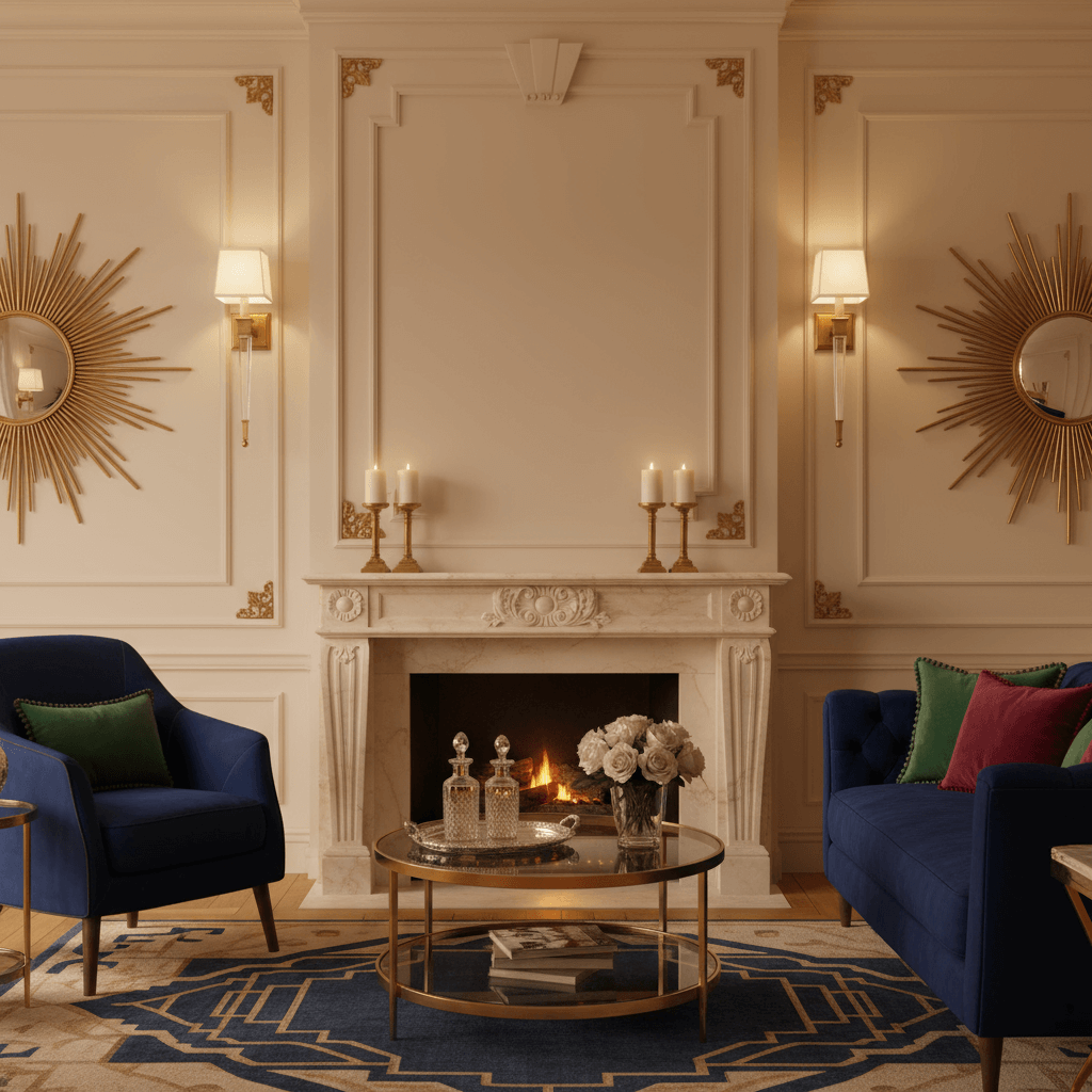 Elegant room with Antique Brass and Crystal Wall Light with Linen Shade, reflecting 1930s grandeur and vintage luxury.