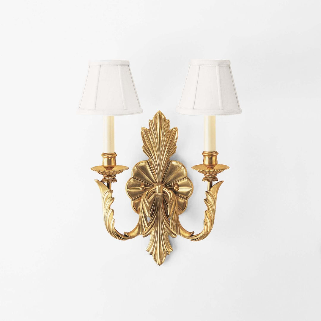 Antique Brass Double Arm Sconce with Pleated Shades featuring elegant neoclassical design and vintage glamour by Ian K. Fowler