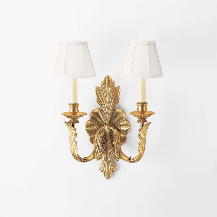 Antique Brass Double Arm Sconce with Pleated Shades featuring elegant neoclassical design and vintage glamour by Ian K. Fowler