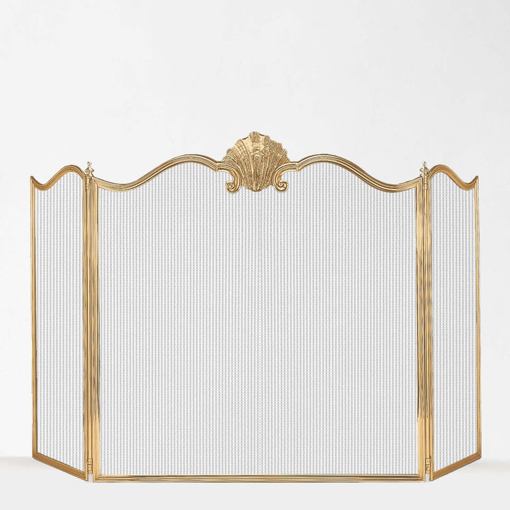 Antique Brass Italian Fireplace Screen with Shell Crest, heirloom-quality decorative fire screen for elegant fireplace decor.