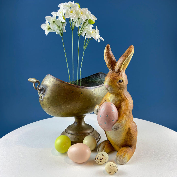 Antique Hand Hammered Brass & Copper Jardiniere Footed Flower Pot Vase with a bunny and Easter eggs.