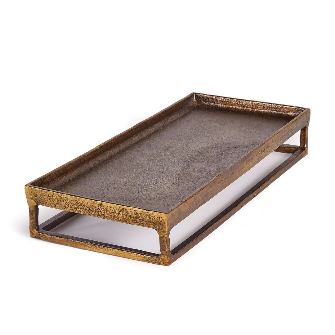 Elegant antique brass raised display tray with solid aluminum build, showcasing vintage charm and elevated sculptural design.