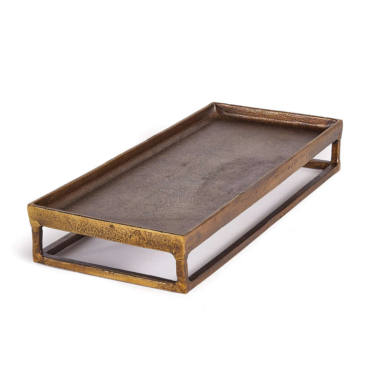 Elegant antique brass raised display tray with solid aluminum build, showcasing vintage charm and elevated sculptural design.