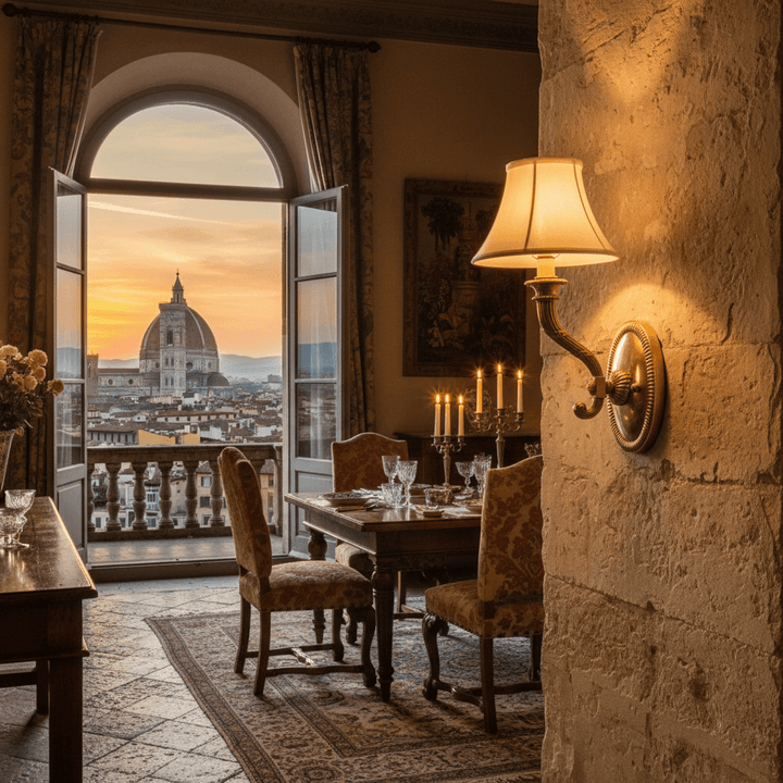 Elegant room with Antique Brass Wall Sconce with Fabric Shade, overlooking a sunset cityscape through large open windows.