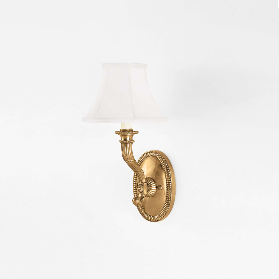 Antique Brass Wall Sconce with Fabric Shade featuring vintage design and aged brass finish for elegant home decor.