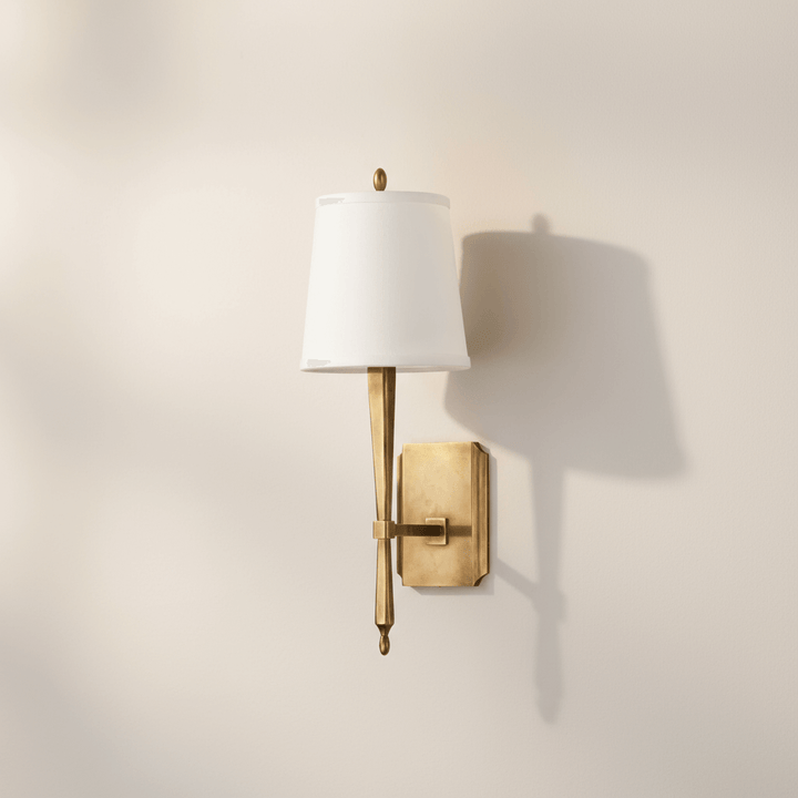Antique Brass Wall Sconce with White Shade offering vintage-inspired lighting with refined design.