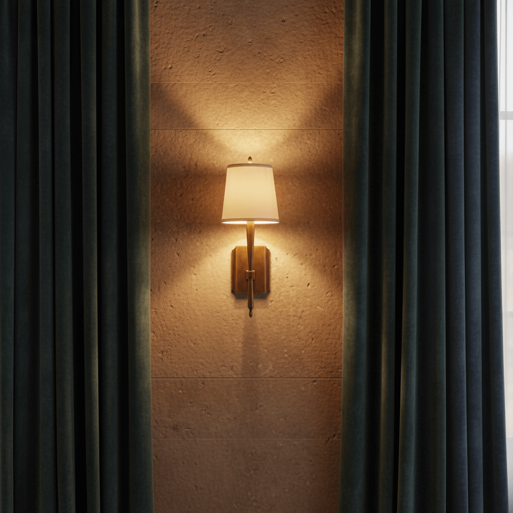 Antique Brass Wall Sconce with White Shade illuminating a textured wall between velvet curtains