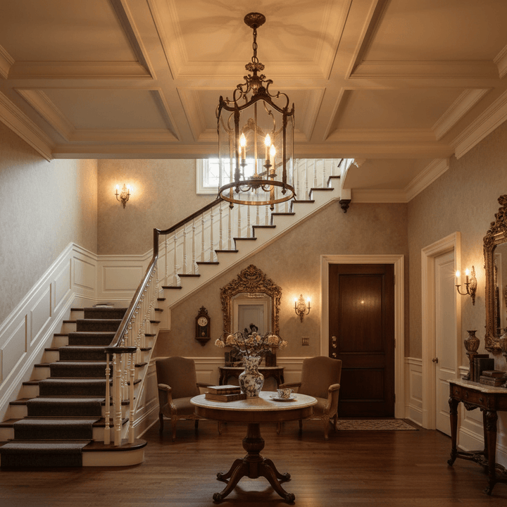 Elegant hallway with Antique Bronze Italian Lantern Chandelier illuminating vintage decor and staircase, adding a touch of 19th-century glamour.