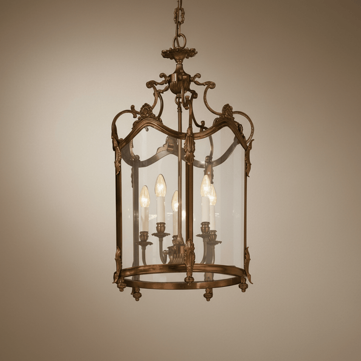 Antique Bronze Italian Lantern Chandelier with vintage design and heirloom craftsmanship, elegantly illuminating a room.