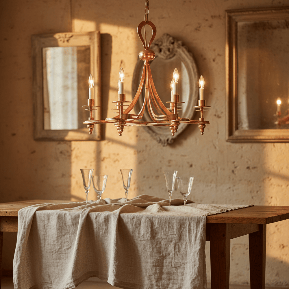 Antique Copper Leaf Italian Chandelier illuminating a rustic dining setup, blending vintage charm with elegant copper design.