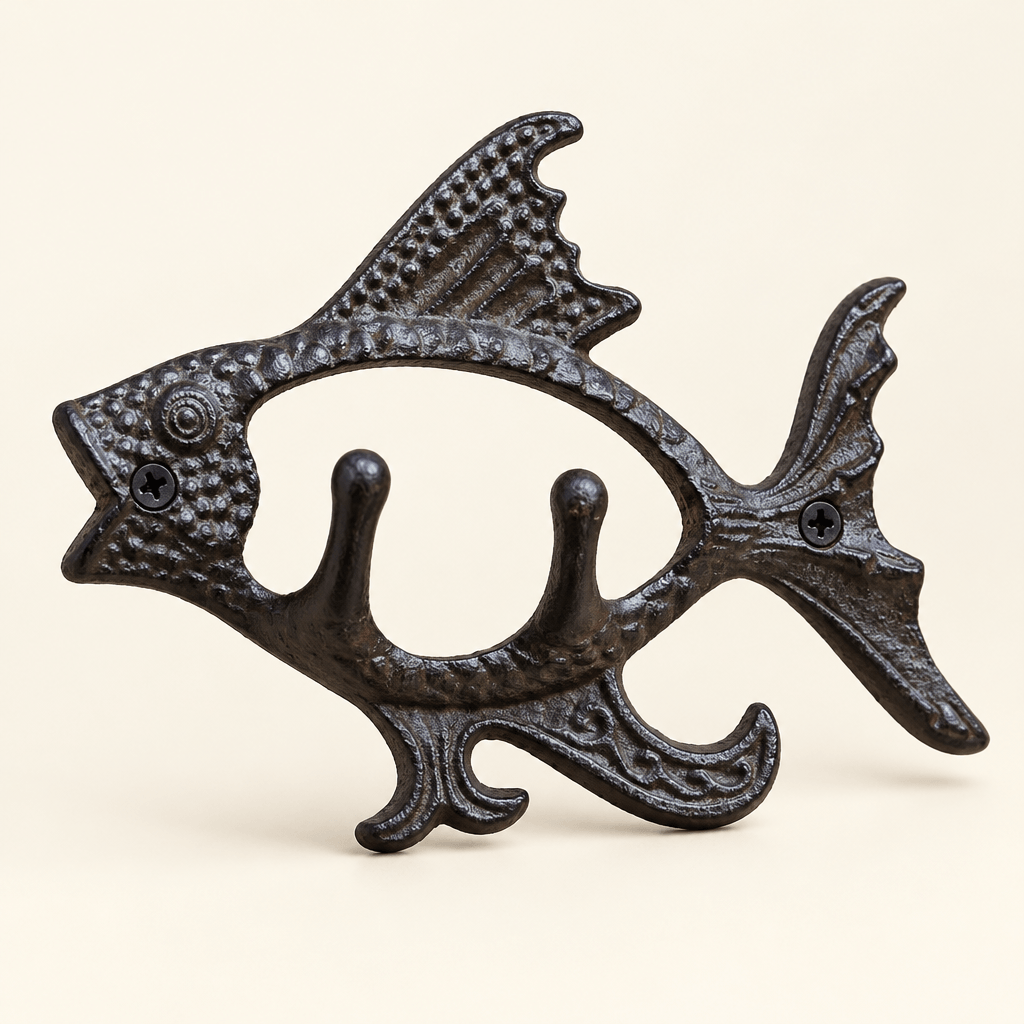 Antique-finish cast iron fish wall hook with two hangers on a warm ivory studio background