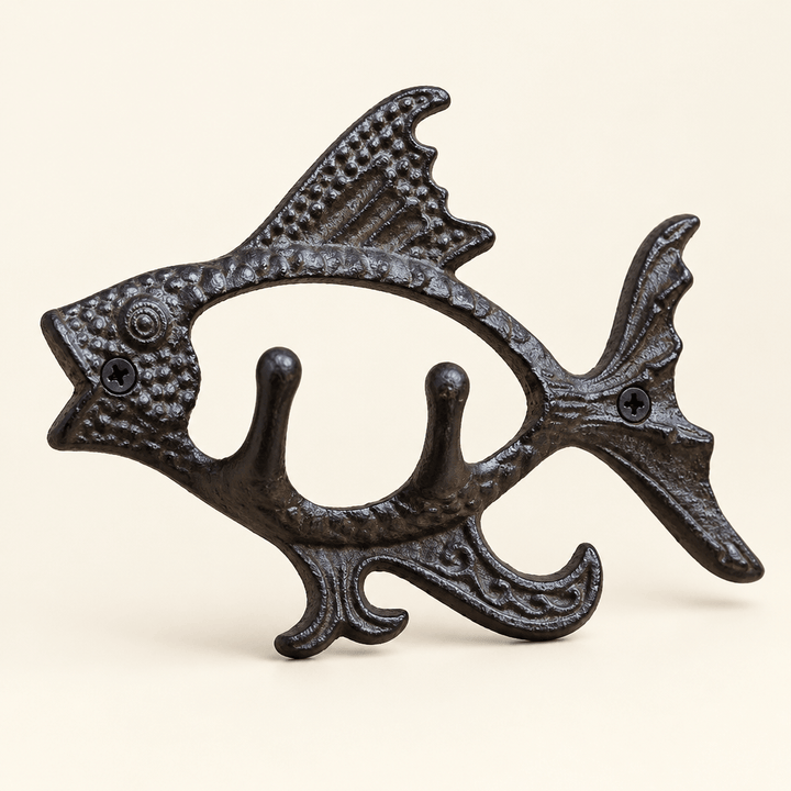 Antique-finish cast iron fish wall hook with two hangers on a warm ivory studio background