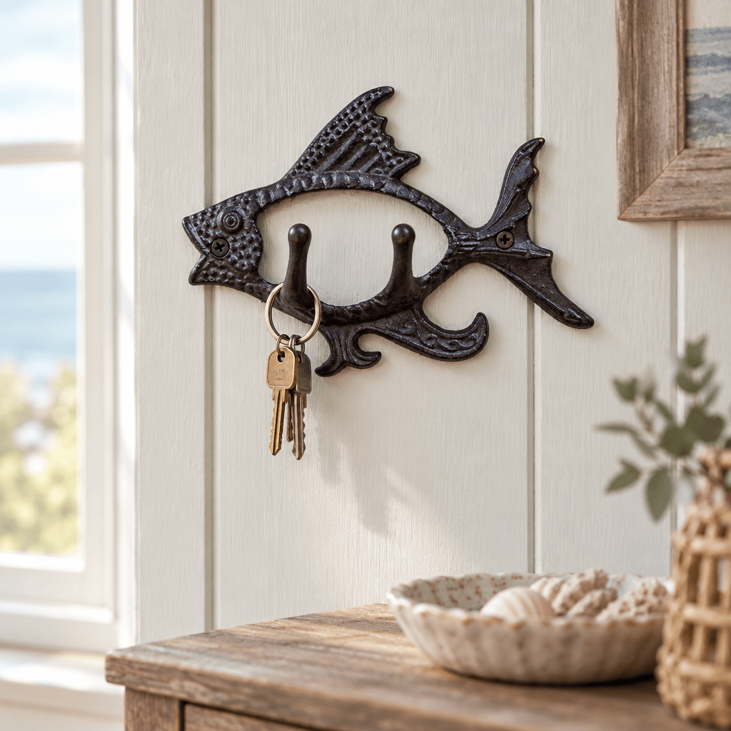 Cast iron fish double wall hook mounted on pale wood paneling with a small keyring