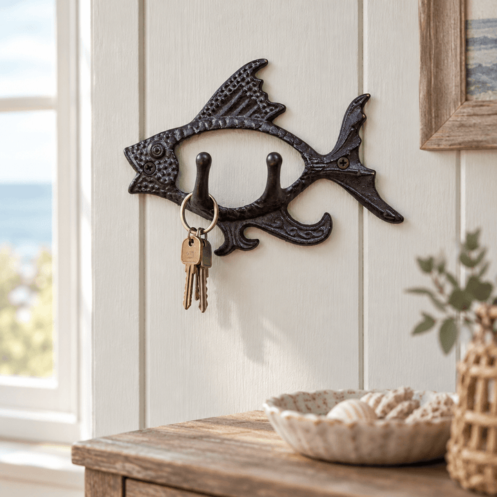 Cast iron fish double wall hook mounted on pale wood paneling with a small keyring