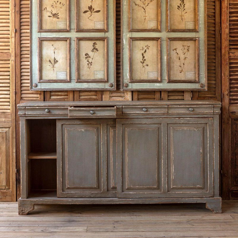 Antique French Country Buffet Cabinet with weathered gray patina and rustic charm, ideal for farmhouse kitchen decor.