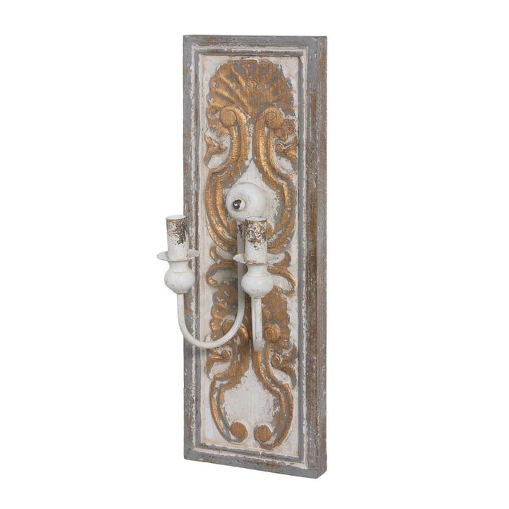 Antique French Country wall sconce light with ornate gold and white distressed finish, featuring a carved wooden backplate.
