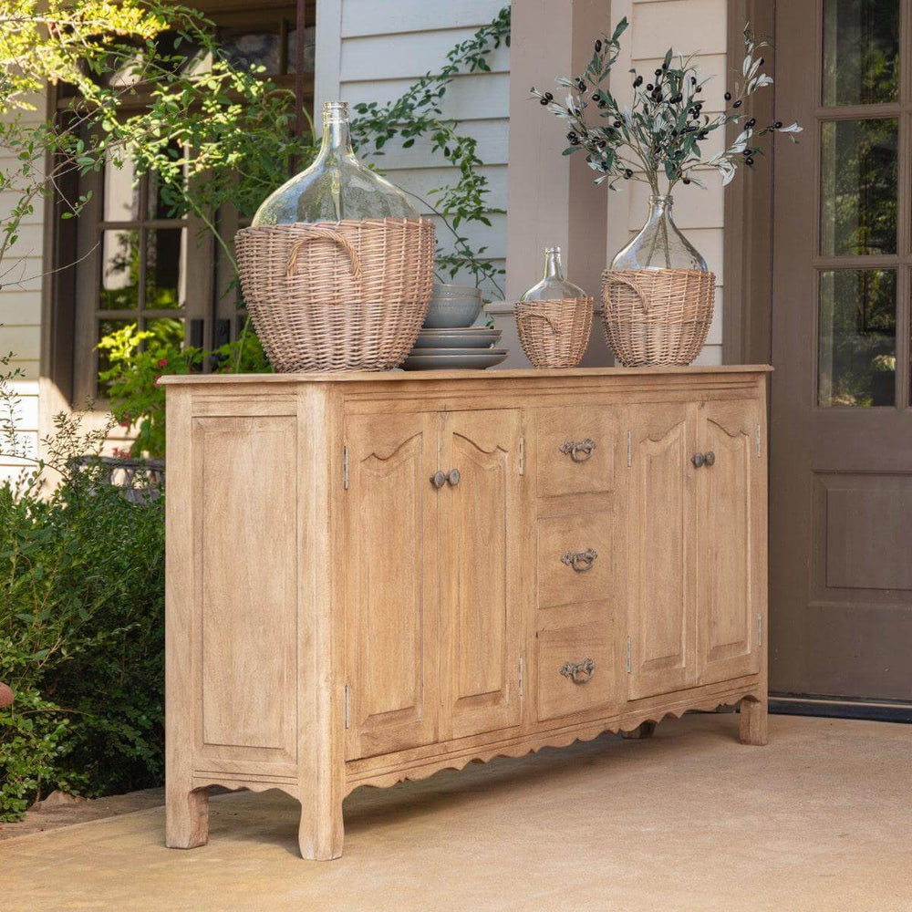 Antique French Provence Sideboard in rustic French provincial style on a sunlit patio