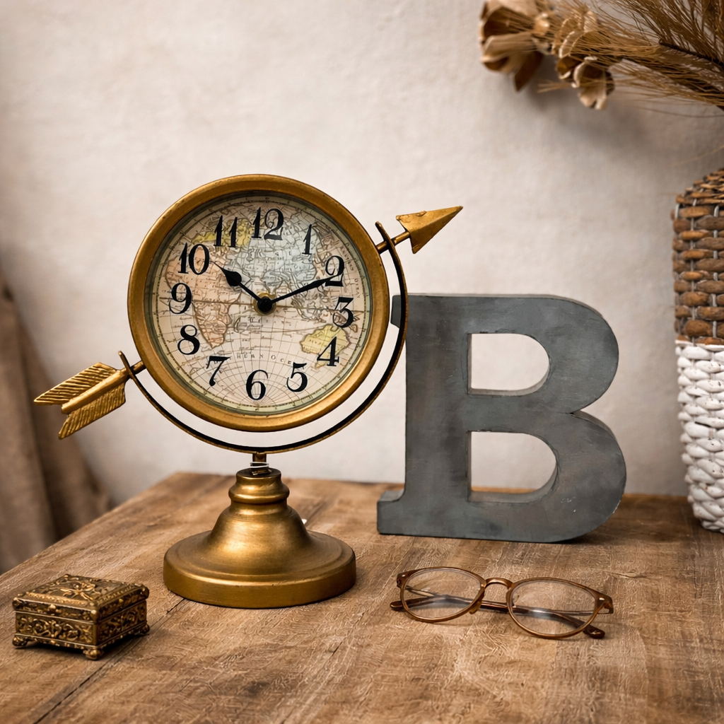 Antique gold arrow table clock shown against a neutral background