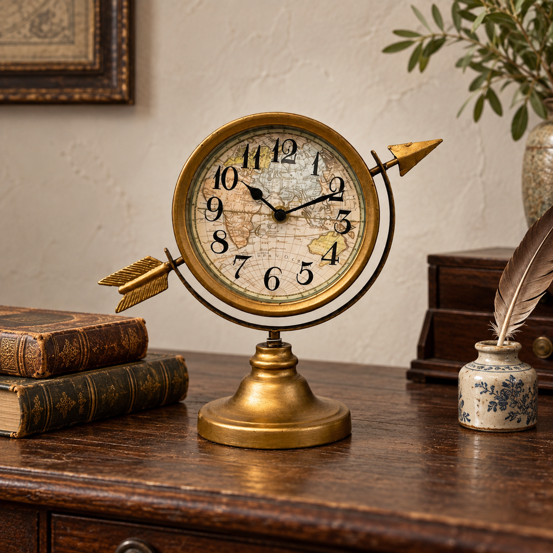 Antique gold arrow table clock styled on a dark wood writing desk