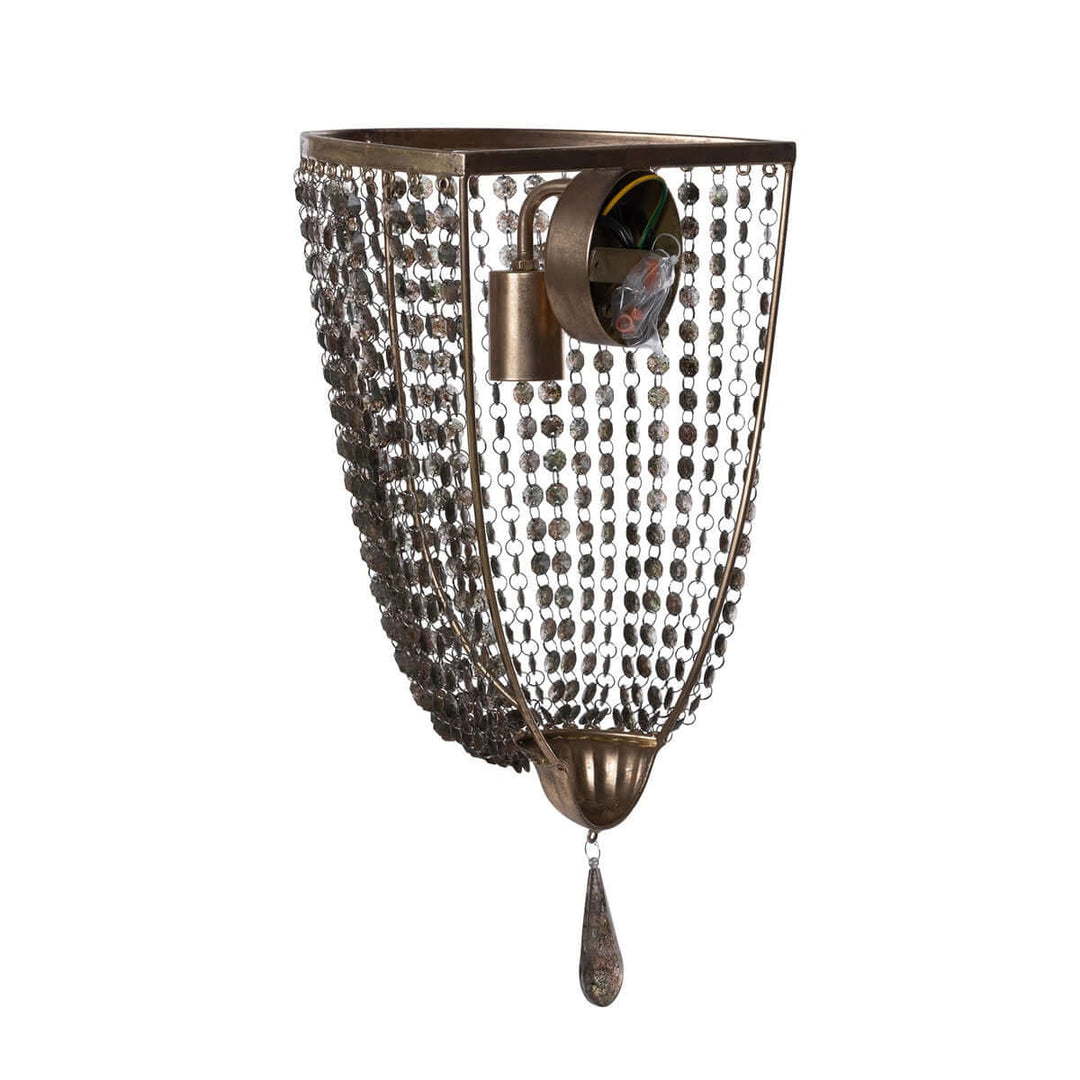 Antique gold crystal wall sconce with vintage chain shade and smokey crystal beads, evoking timeless elegance.