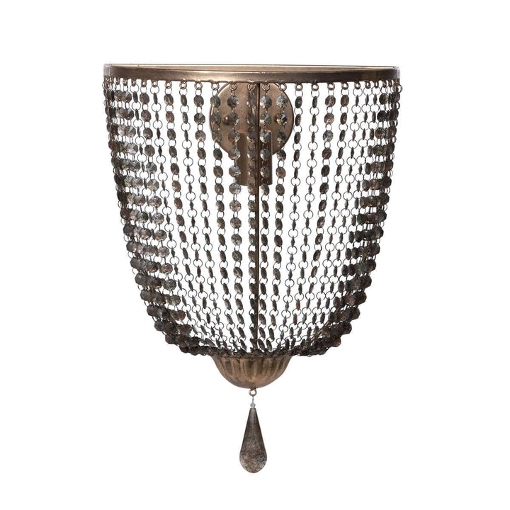 Antique gold crystal wall sconce with vintage chain shade, featuring smokey crystals and elegant bead detailing.