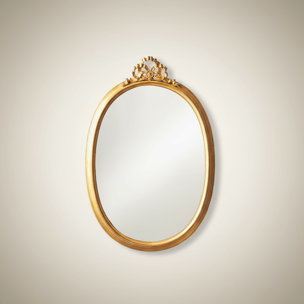 Antique Gold Italian Oval Mirror with Carved Ribbon Crest