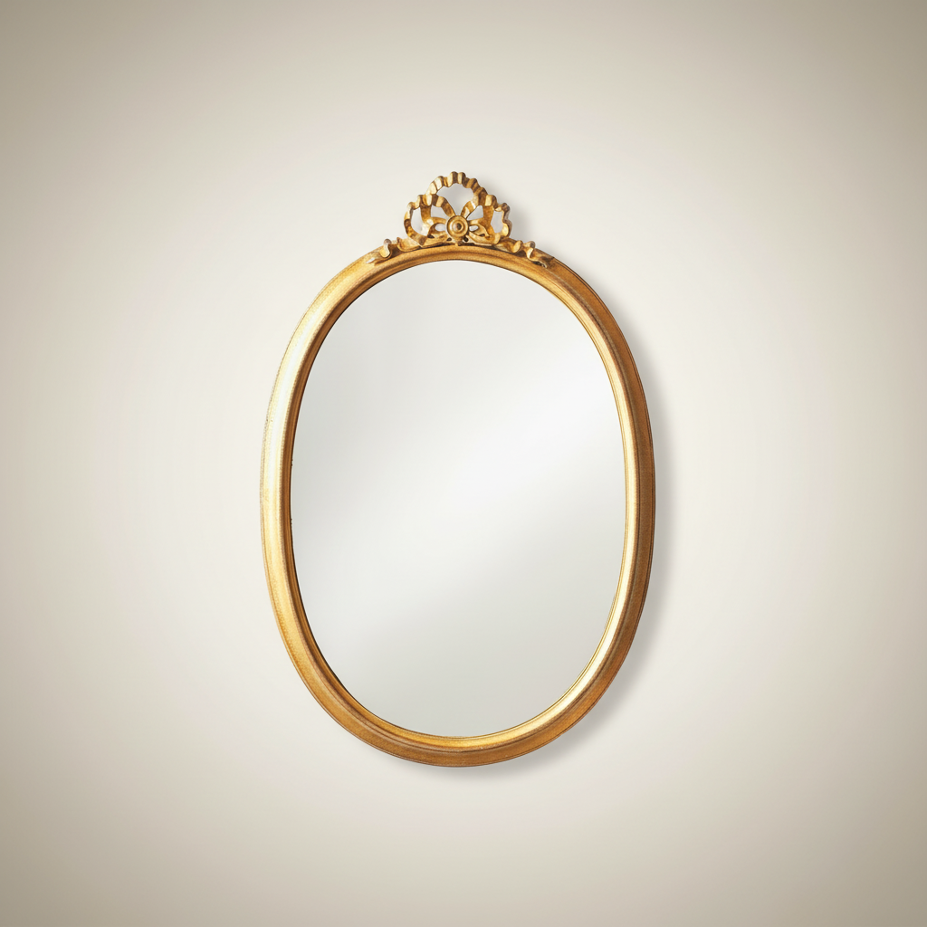 Decorative gold-framed mirror on a beige wall