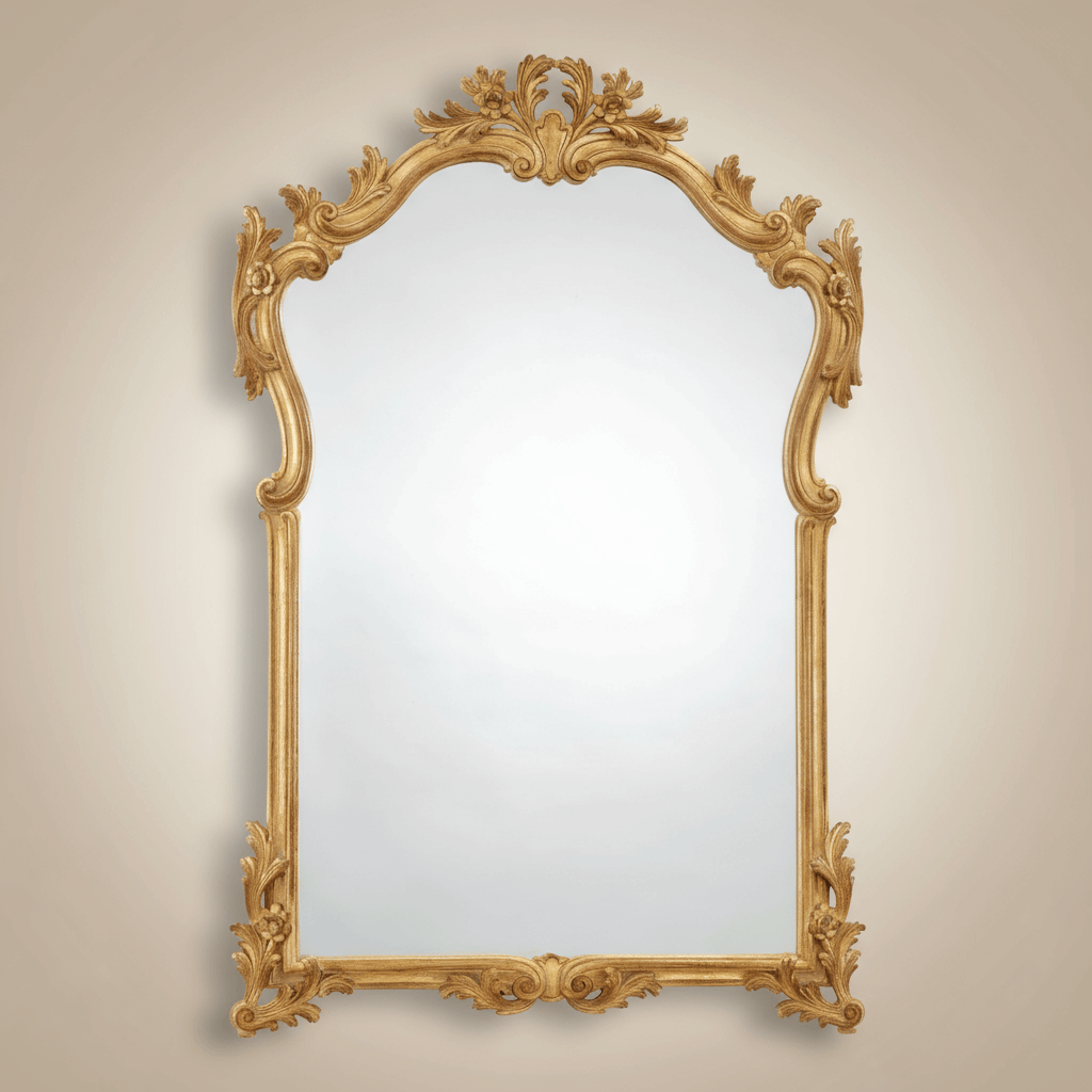 Antique Gold Leaf Italian Carved Rococo Mirror with ornate hand-gilded wooden frame, showcasing elegant Italian craftsmanship.