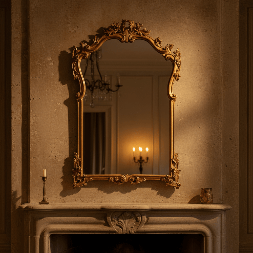 Antique Gold Leaf Italian Carved Rococo Mirror on elegant mantelpiece