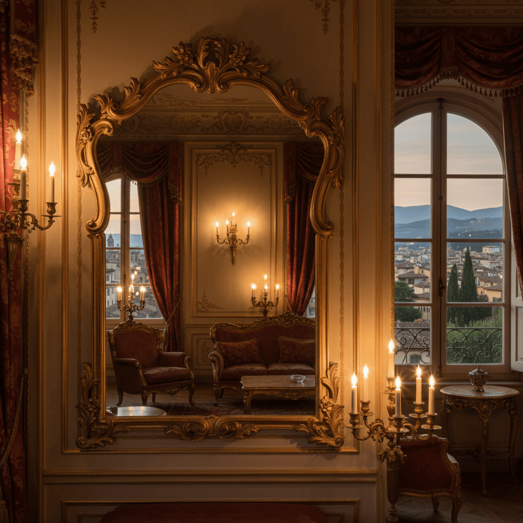 Luxurious interior featuring Antique Gold Leaf Italian Carved Rococo Mirror reflecting opulent room and city view