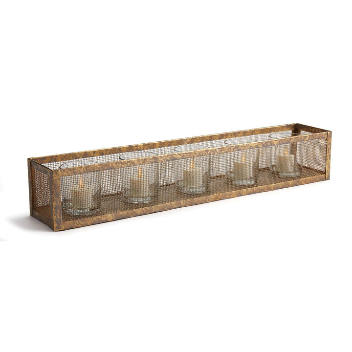 Antique gold mesh candle holder centerpiece tray with glass votives, elegant rustic decor for home styling.
