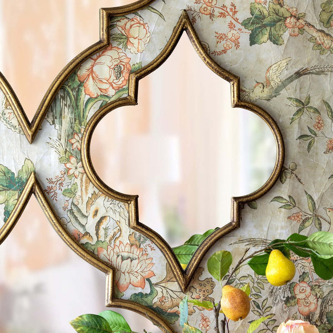 Antique Gold Moroccan Ogee Mirror with floral patterns and vintage design, inspired by Moroccan architecture, exotic home decor piece.