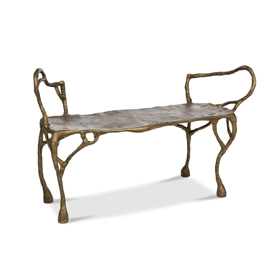 Antique Gold Organic Branch Bench with sculptural design and cast aluminum frame, elegantly finished in a luxurious antique gold.