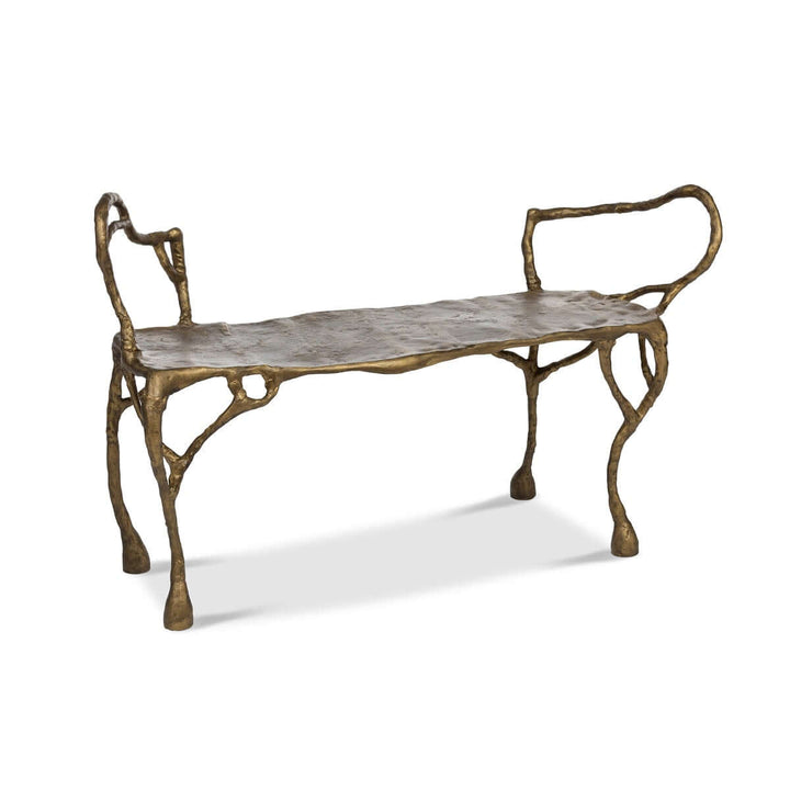Antique Gold Organic Branch Bench with sculptural design and cast aluminum frame, elegantly finished in a luxurious antique gold.