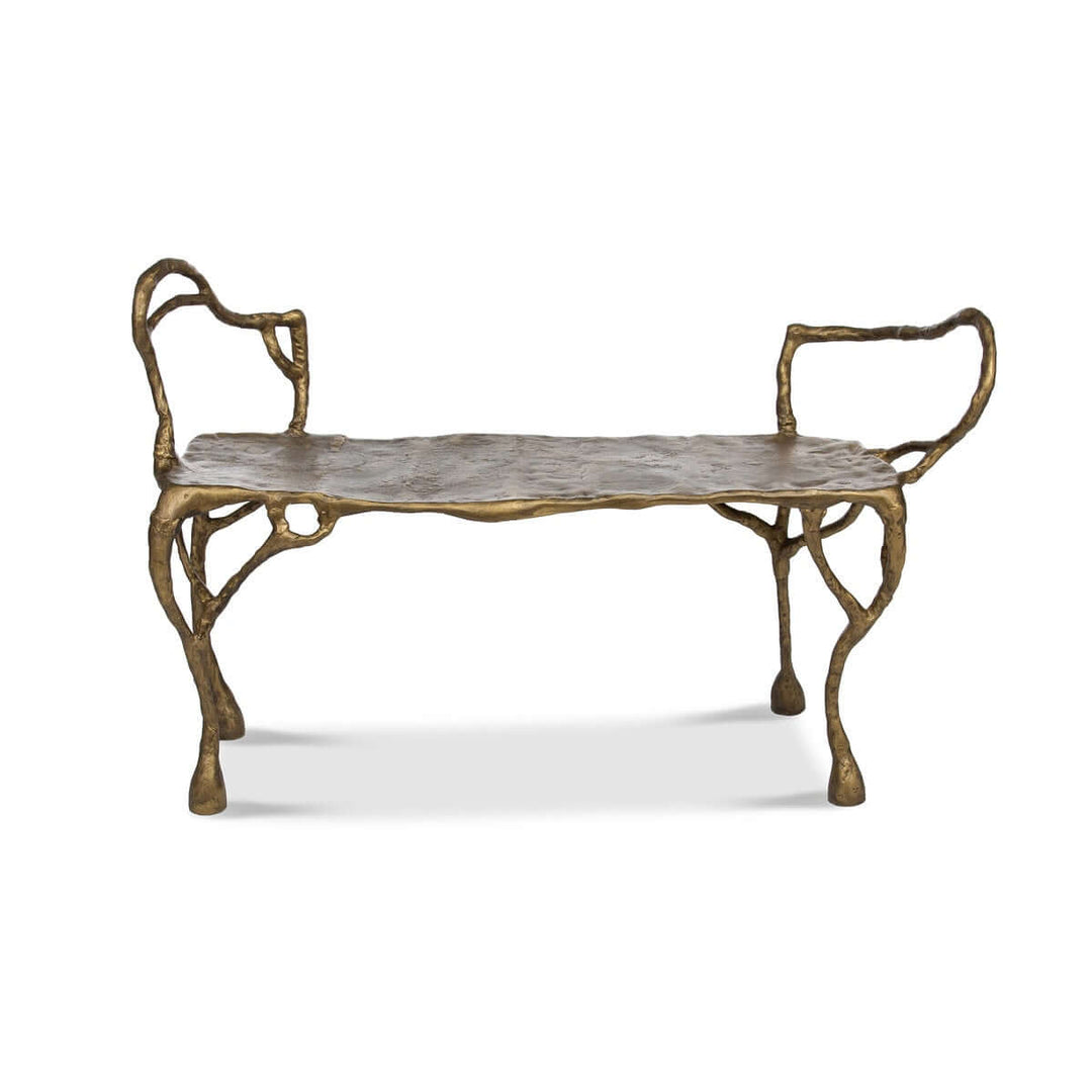 Antique Gold Organic Branch Bench with sculptural cast aluminum frame and luxurious design.