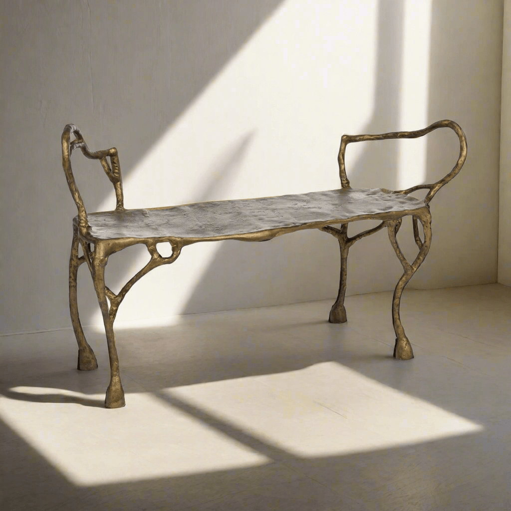 Antique Gold Organic Branch Bench with sculptural cast aluminum frame and artistic design, perfect for luxury interiors.