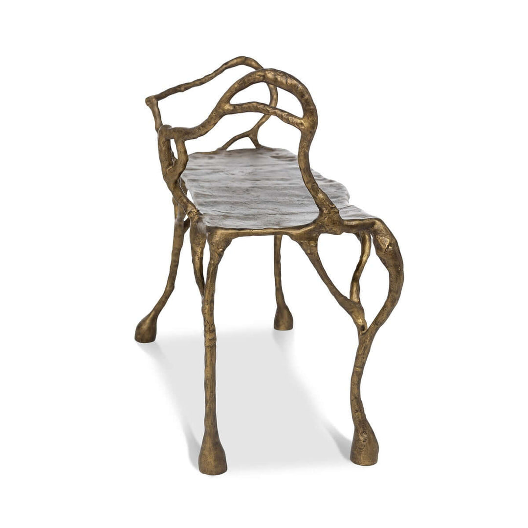 Antique Gold Branch Bench with organic design and cast aluminum frame, showcasing luxurious, nature-inspired craftsmanship.