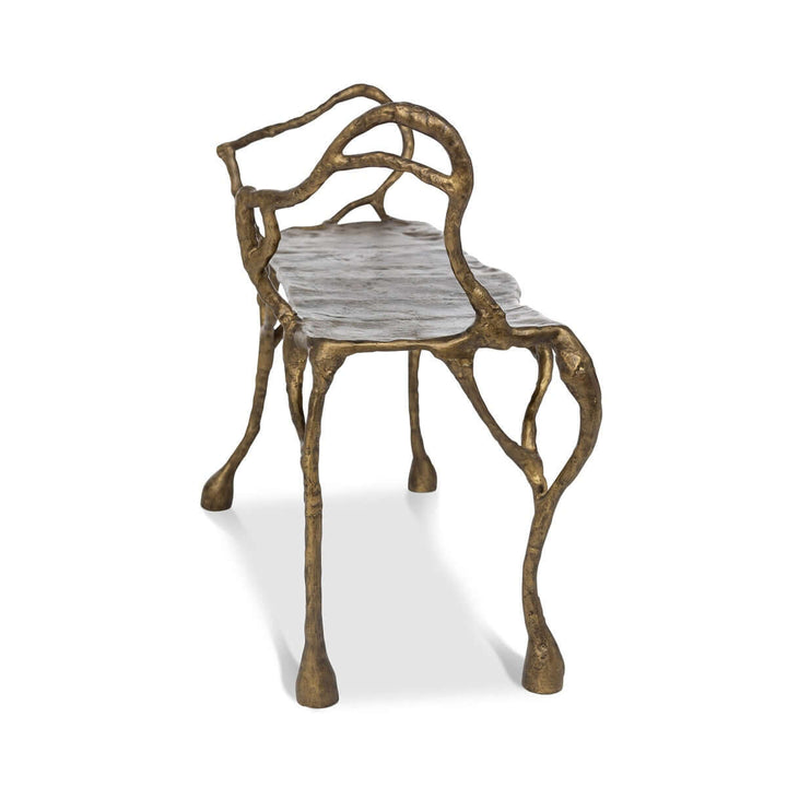 Antique Gold Branch Bench with organic design and cast aluminum frame, showcasing luxurious, nature-inspired craftsmanship.