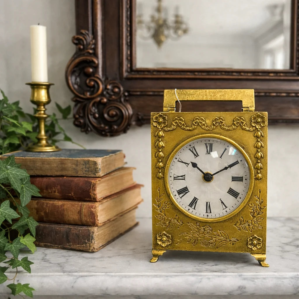 Antique gold Roman-numeral table clock beside books and a candle