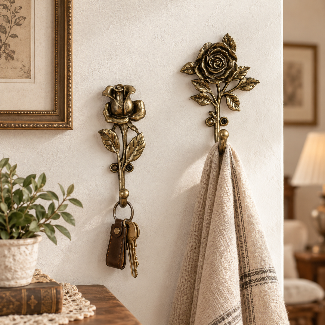 Two antique gold rose hooks holding keys and a linen towel