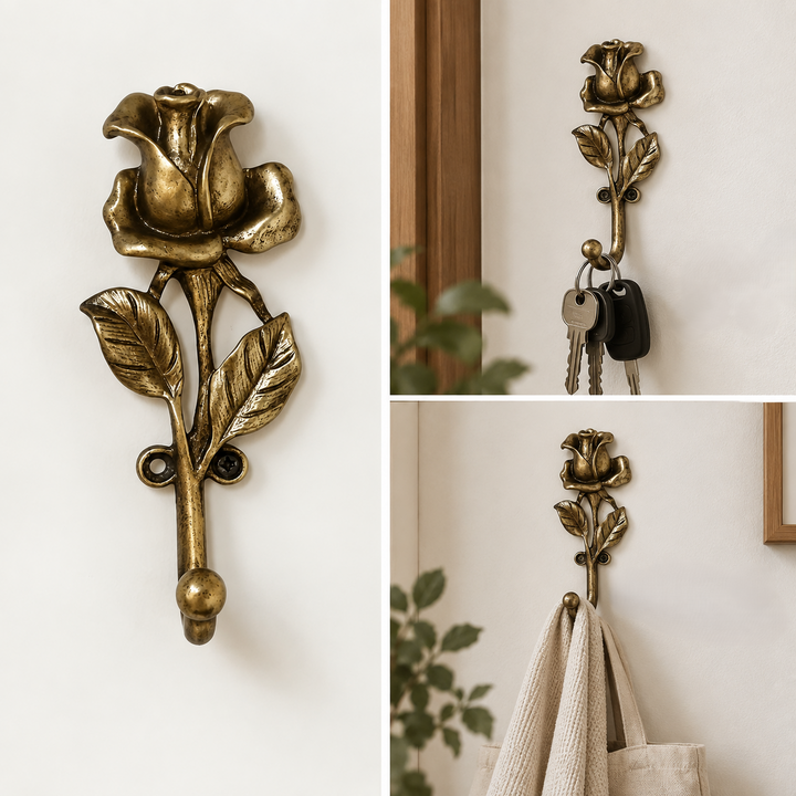 Rosebud hook detail with examples holding keys and a towel